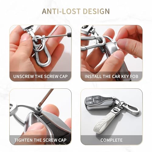 Image of Gkeygo Carabiner Keychain, Universal Heavy Duty Woven Handmade Leather Key Chain, Car Fob Key Keychains with 360 Degree Rotatable Snap Swivel and Anti-Lost D-Ring for Men and Women, Silver - White