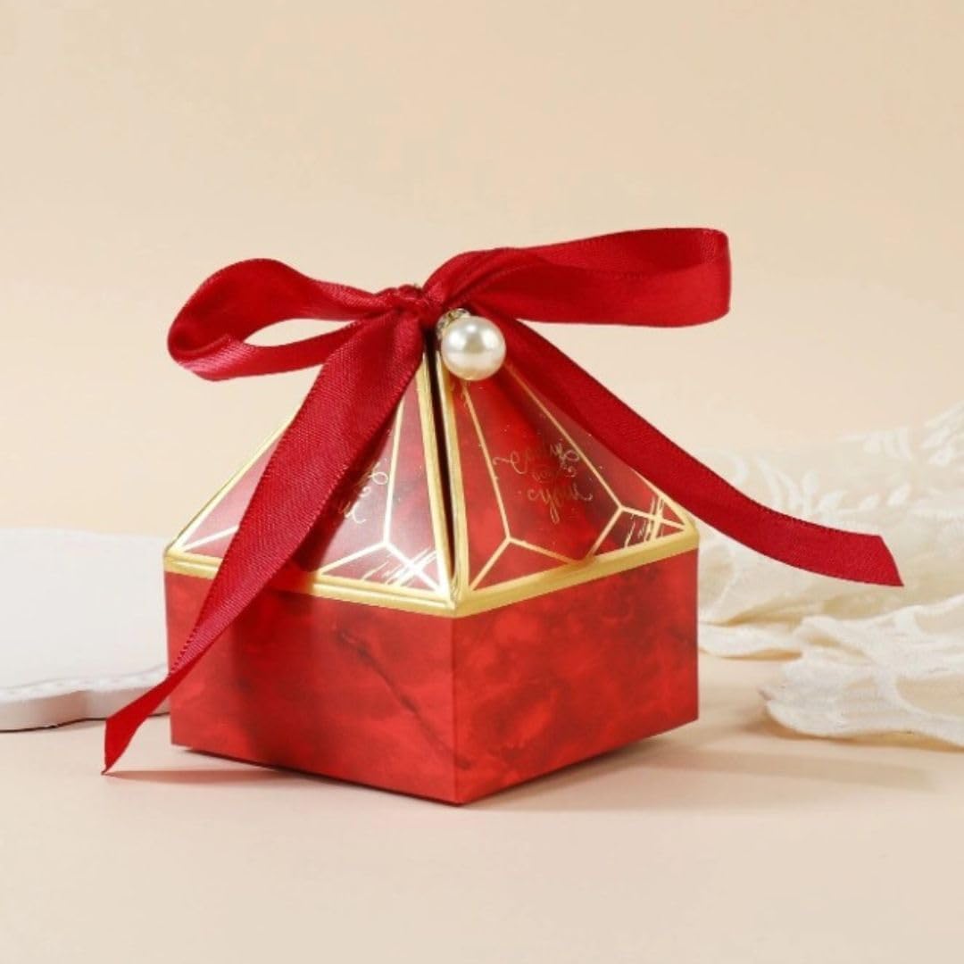 SATYAM KRAFT 40 Pcs Small Diamond Shape Paper Folding Gift Boxes with Ribbon | Premium Return Gift Boxes for Wedding, Birthday, Engagement, Baby Shower, Chocolate & Dry Fruit Packaging (Red, Pack Of 40)-image-24