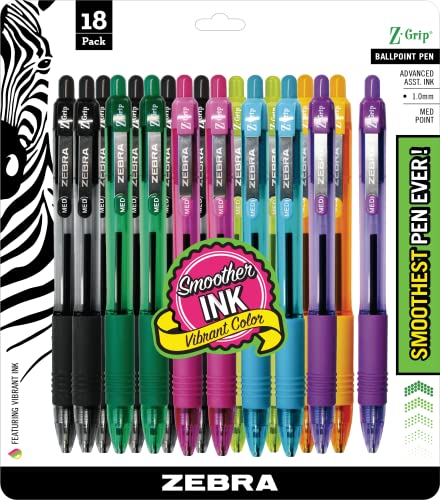 Zebra Pen Z-Grip Retractable Ballpoint Pen, Smooth-Flowing Assorted Fashion Colors, 1.0mm Medium Point, School Supplies, Teacher Supplies and Office Supplies, 18-Pack (22208)