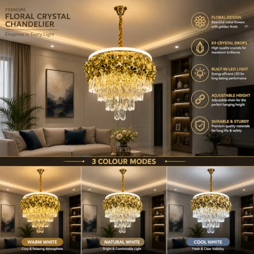 Image of Elegant Chandelier Ceiling Light for Living Room Hanging Pendant Light | Italian K9 Crystals | Metal Frame | Adjustable LED Light-Pack of 1 (Chandelier-Floral-500MM-Gold)