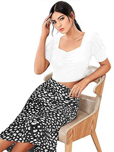 Image of Istyle Can Sweetheart Neck Ruched Front Puff Sleeve /Half Sleeve Streachable Solid /Plain Slim Fit Crop top for Women | Women's Slim FIT Crop TOP | Tops for Women