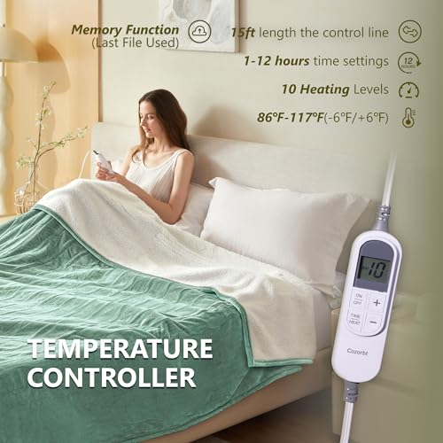 Heat Blanket 72”x84” Full Size,Soft Flannel & Sherpa Reversible Electric Blanket with 10 Heat Settings,12 Timer Setting and 8 Hours Auto-Shut Off,ETL Certified Machine Washable,Green