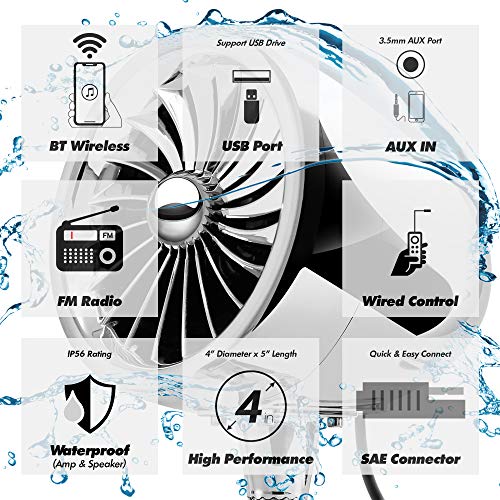 Gohawk Tj4-W Waterproof Amplifier 4" Full Range Bluetooth Motorcycle Stereo Speakers 1 To 1.25 In. Handlebar Mount Audio Amp System Harley Touring Cruiser Atv 4-Wheeler, Usb, Aux, Fm Radio #TOP2