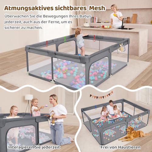 Dripex Laufstall Baby 150x180cm, Laufgitter Baby, Laufstall mit atmungsaktivem Netz, Laufgitter 210D Oxford Gewebe, Playpen, kinderlaufstall, Große Sicherheitsspielplatz, Grau
