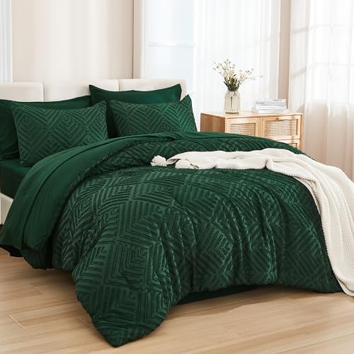 Andency King Size Comforter Set 7 Pieces Dark Emerald Green – Bed in a Bag King Boho Lightweight Fluffy Tufted Bedding Sets with Quilt Comforter, Sheets, Pillowcases & Shams