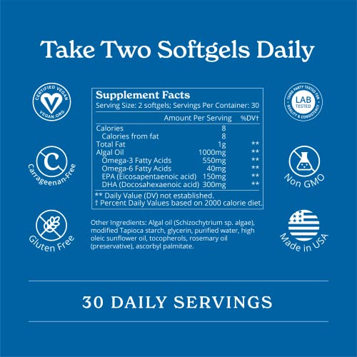 Calgee Vegan Omega 3 Supplement - 450Mg Dha & Epa From Premium Plant Based Algae Oil - Sustainable & Carrageenan Free Fish Oil Alternative - Supports Heart, Brain, Mood & Immune Health (60 Softgels) #TOP2