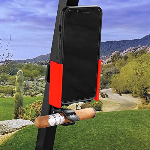 Image of DESERT FOX GOLF Phone Caddy + Cigar Holder - Adjustable Golf Cart Phone Mount with Secure Cigar Clip - Hands-Free GPS & Golf App Access - Fits All Phones & Cigars (Red)