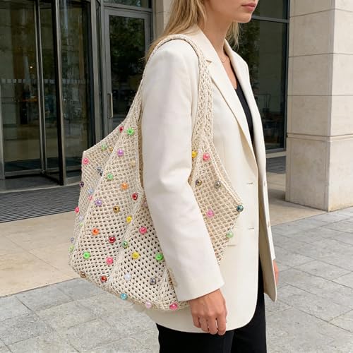 Image of Boho Crochet Beach Tote Shoulder Bag with Colored Beads | Colorful Aesthetic Hippie Knit Bag for Women