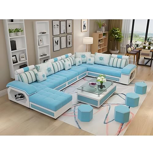 Image of Brown Maple U-Shape Sectional Sofa Set for Home | 10-Seater Fabric Sofa with Tea Table & 4 Puffy | Spacious Seating for 14 Persons | Pre-Assembled, Modern Comfort Design(SkyBlue)