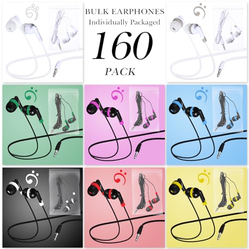 Image of Konohan 160 Packs Bulk Earbuds with Wire Earphones Classroom Wired Headphones for Students Headphones Individually Bagged, 8 Colors Ear Buds Bulk for Classroom School Library(Solid Color)