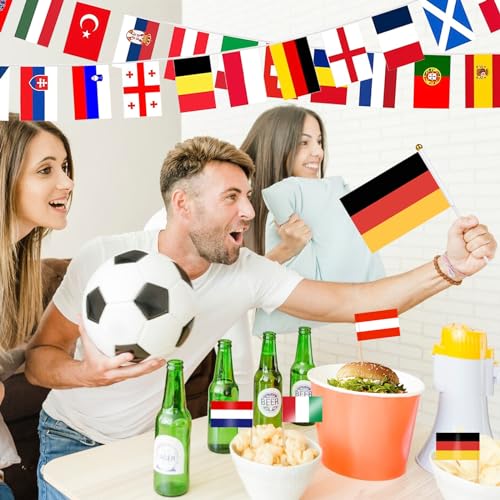 24 Länder Fahnen Wimpelkette, 24 Länder Beidseitig Stoff Euro Flaggenkette, Olympia Deko Wimpel Girlande Banner für Europa Damen Fußball EM Eurovision 2025 WM Olympische Bar Party Dekoration