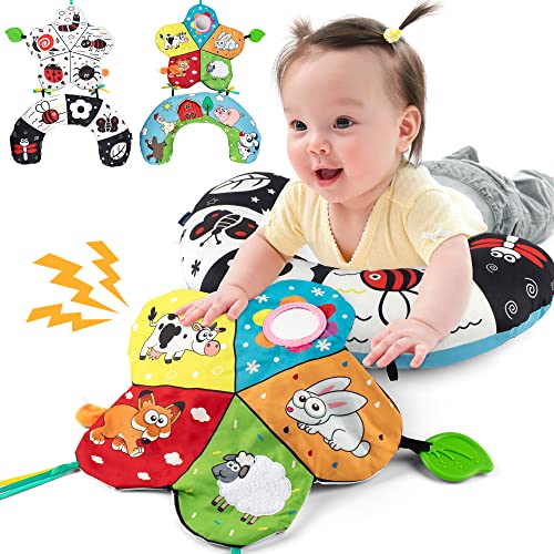 Image of SYNARRY Tummy Time Pillow with 3D Crinkle Mat & Teethers, Black and White High Contrast Baby Toys with Mirror, Sensory Toy for Infant Newborn Toddler Tummy Time Pillow Toys 0-3 3-6 Months Babies Gifts