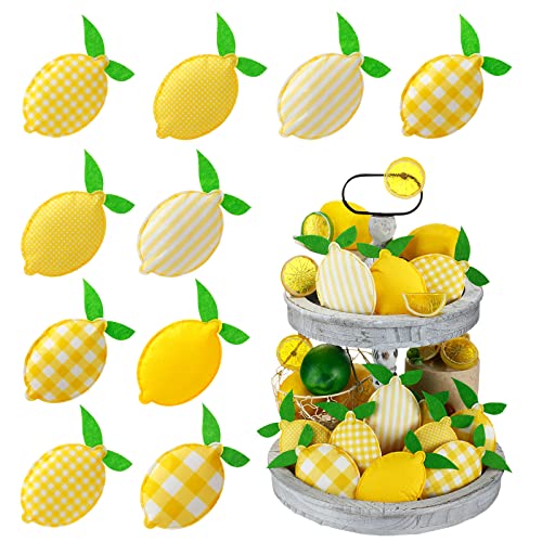 Patelai 12 Pcs Lemon Tiered Tray Decor Summer Stuffed Fabric Decoration 5 Inch Lemon Shaped Kitchen Decor Rustic Farmhouse for Tiered Tray Bowl Fillers Summer Home Supplies