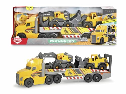Dickie Toys Volvo Heavy Mack Truck, großer LKW mit 2 Volvo Fahrzeugen auf Anhänger, Bagger & Radlader, Anhänger zum Abkoppeln, Licht & Sound, inkl. Batterien, 70 cm groß, gelb, 203729012
