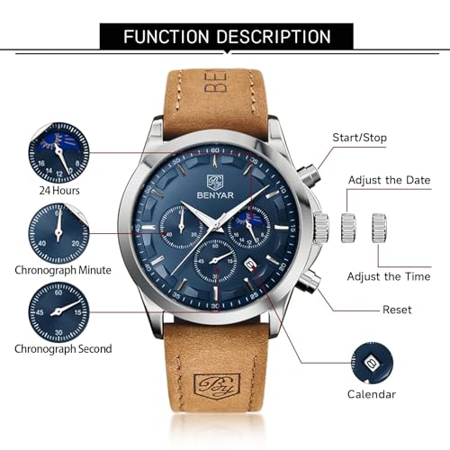 Image of BENYAR Men's Watches Waterproof Sport Military Watch for Men Multifunction Chronograph Black Fashion Quartz Wristwatches Calendar with Leather Strap