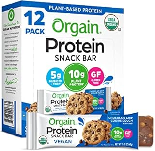 Orgain Organic Plant Based Protein Bar, Chocolate Chip Cookie Dough - 10g of Protein, Vegan, Gluten Free, Non Dairy, Soy Free, Lactose Free, Kosher, Non-GMO, 1.41 Ounce, 12 Count (Packaging May Vary)