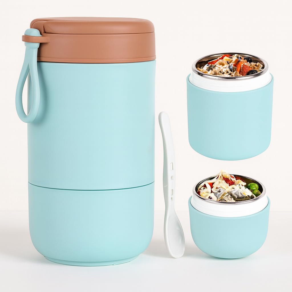 YELONA Stainless Steel Lunch Pot for Meals, Lunch, Tiffin Box for Men, Women, Kids Leakproof Meal Jar with Foldable Spoon for Office, School, College- Sky Blue, 730 ML