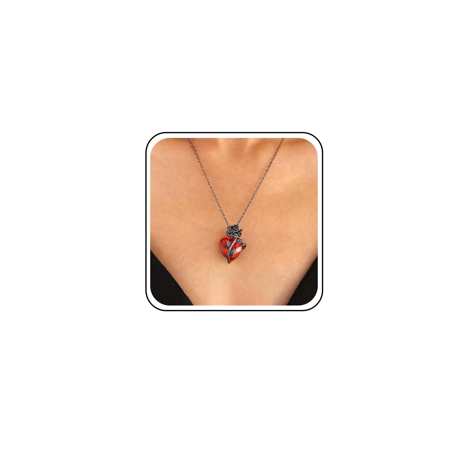 Collana Gotica A Cuore Con Ciondolo Urna Floreale – Gioiello In Lega Con Cristallo Rosso E Rosa Nera – Regalo Simbolico Per Ricordo - 2
