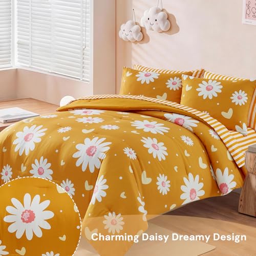 Image of Queen Comforter Set with Sheets for Girls-7 Pieces Soft Queen Bedding Sets | Bed in A Bag Cute Yellow Daisy Printed Comforter with Pillowcases & Shams, 90 inch X 90 inch