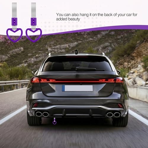 Image of 2PCS Heart Shaped Car Handle Straps, Rear Bumper Warning Keychain Ring for Car Exterior Accessories (Purple-Silver)