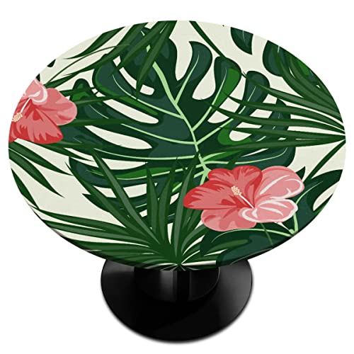 lakefvgk Elastic Edge Vinyl Fitted Tablecloth Design Heavy Duty Tropical Flower Leaves Pattern Table Cover Waterproof Oil-Proof PVC Cloth Stain-Resistant Wipeable for Round 36-42inch Diameter