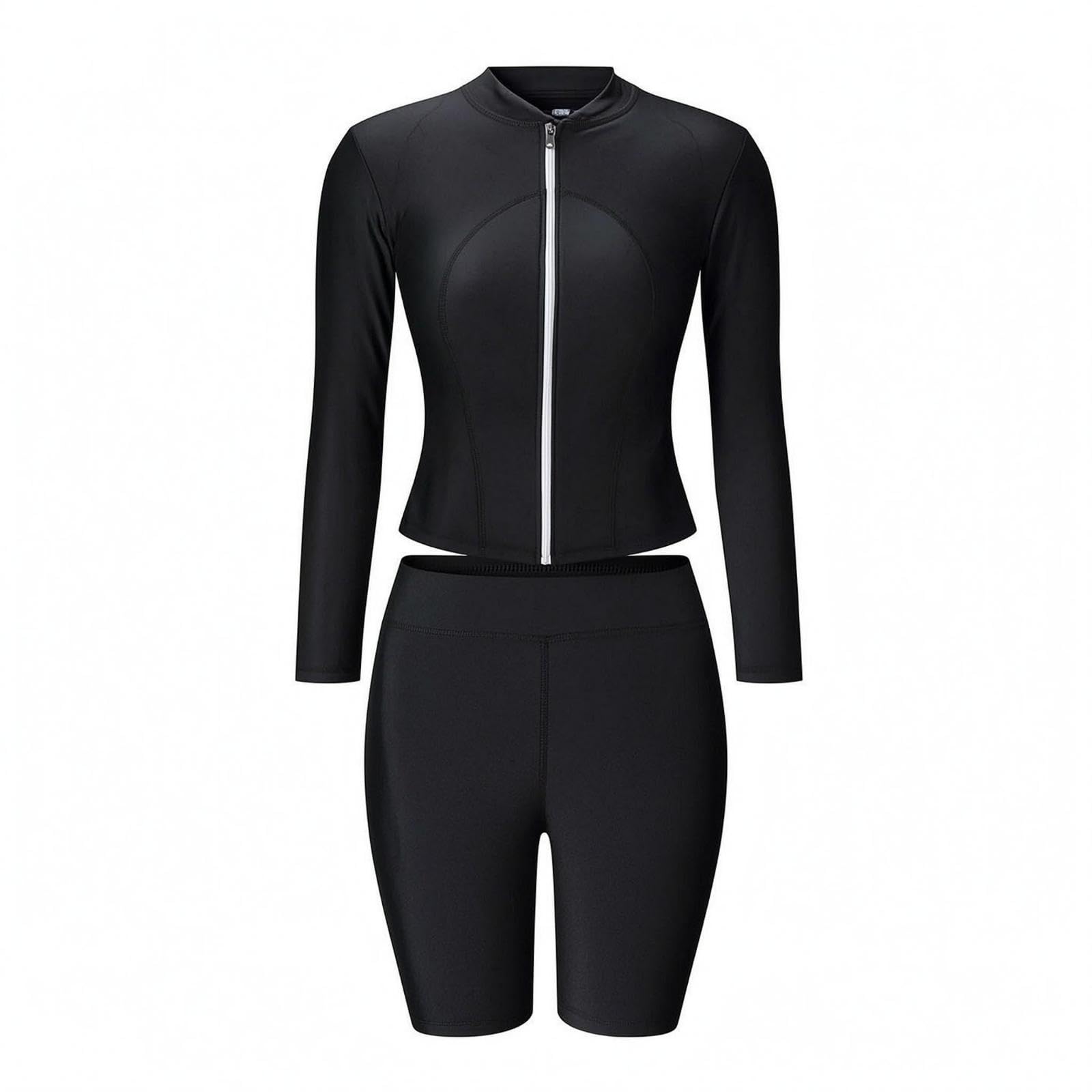 Zip-Front Swim Set Black Long Sleeve Swim Shirt Swimsuit Split Design Swim Shorts Set for Women, Swimming, Snorkeling, Surfing 2XL|Clothing Shoes & Accessories| Womens Clothing| Swimwear-image-39