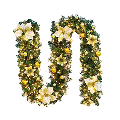 Kerstslinger met LED-verlichting, werkt op batterijen, voorverlichte kerstslinger met kerststerren, geschikt voor binnen en buiten, mantel open haard, kerstdecoratie [goud-met licht]