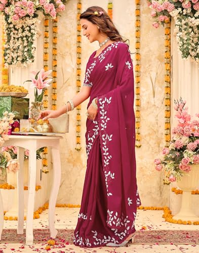Image of SIRIL Women's Shimmer Georgette Embroidery & Scalloped Border Saree With Unstitched Blouse Piece
