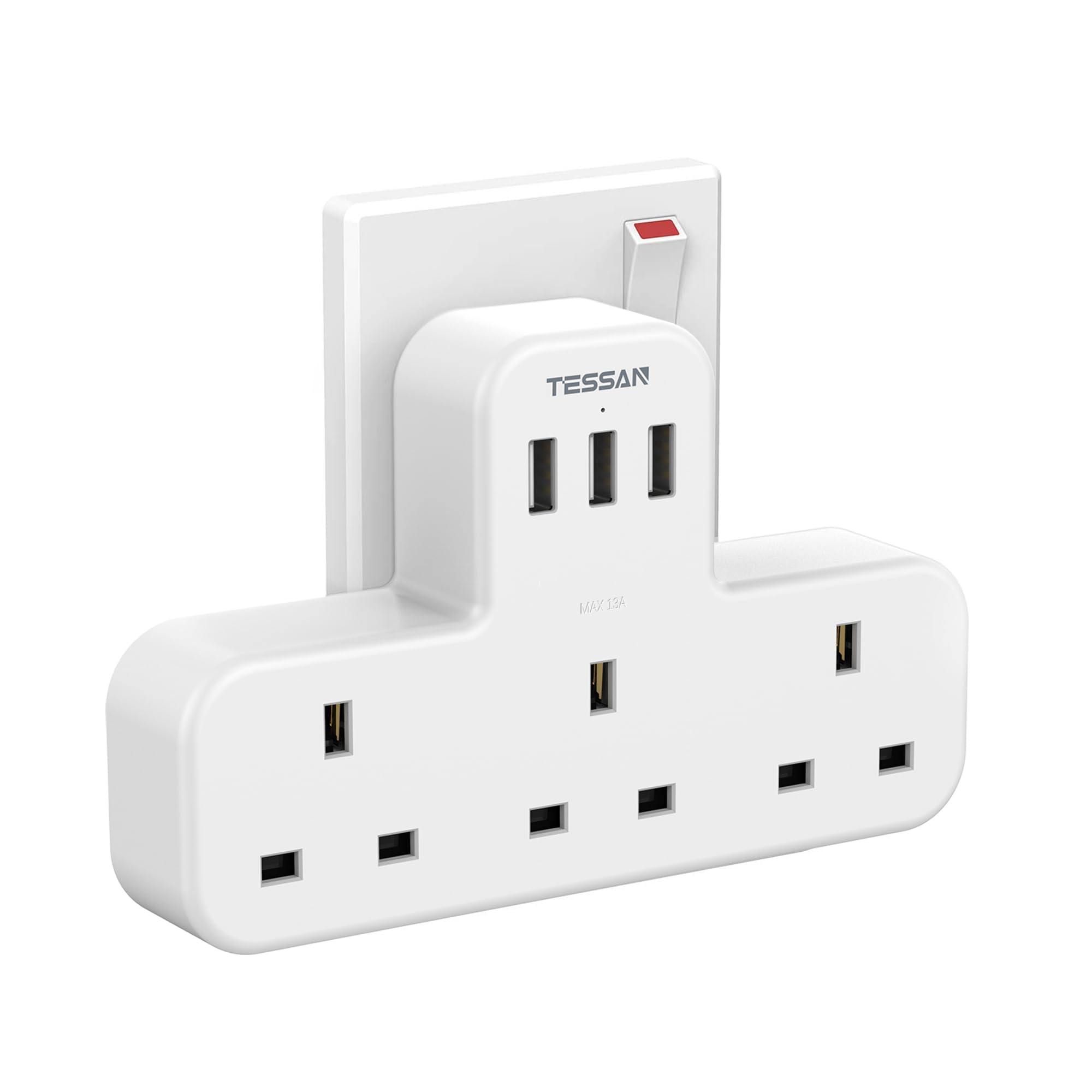 Plug Adapter, TESSAN Plug Extension Socket with 3 USB, 3 Way AE Multi Outlets Extender, Wall Charger for School Home, Kitchen, Office, School Supplies