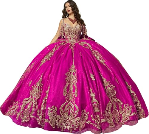 Gold Lace Quinceanera Dresses Ball Gown Glitter Tulle Off Shoulder XV Dress Appliques Puffy Sweet 15 16 Dress Bow Train