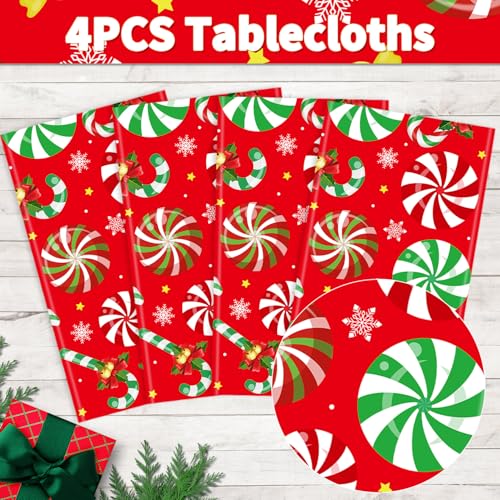 4 Pack Christmas Table Cloth Christmas Party Tablecloth Xmas Party Decoration Candy Themed Table Cover Xmas Table Cover with Christmas Candy Cane and Snowflakes 51 X 86 in – Image 6