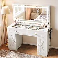 YITAHOME Dressing Table with LED Mirror, Makeup Desk with Adjustable 3-Colour Lighting, Safety Glass Top & Built-in Plug Socket, White Vanity Table for Bedroom, 115 x 40 x 134cm