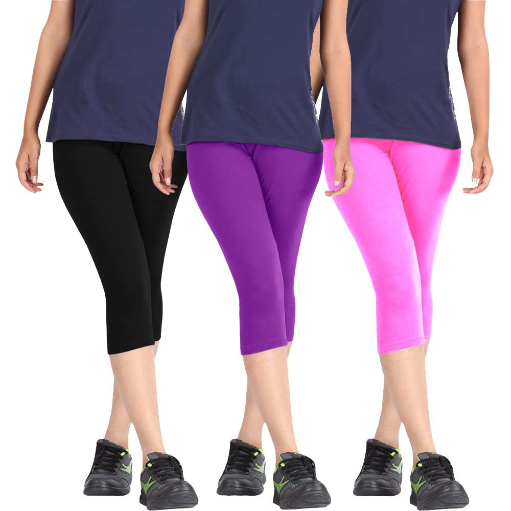 pixie fashion Biowashed Cotton Stretchable Capri Legging Combo Pack of 3 for Women/Girls/Ladies (Black, Purple and Baby Pink) - Free Size-picture-37