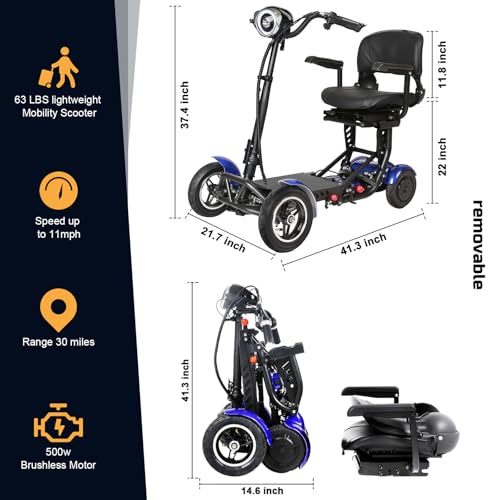 Image of Mobility Scooters for Seniors - 4 Wheel Foldable Portable Electric Scooter, Collapsible & Motorized, 500W Dual Motor, 30-Mile Range, 11 MPH, All-Terrain Folding Mobility Scooter Lightweight for Adults