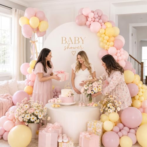 Image of Pink Yellow Balloon, Pastel Light Dusty Pink Yellow Balloon for Party Decor | 12 Inch Retro Orange Baby Pink Yellow Balloons for Lemon Birthday Oh Baby Shower Bridal Bee Themed Wedding Party Decorations