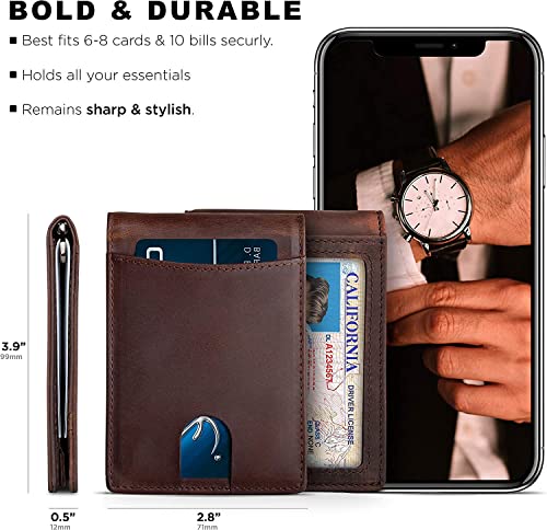 Contacts Genuine Leather Money Clip Wallet Slim Front Pocket RFID Blocking Card Holder Minimalist Mini Bifold for Men's with Smart Pull Strap 8 Card Slots Photo ID (Brown) 5