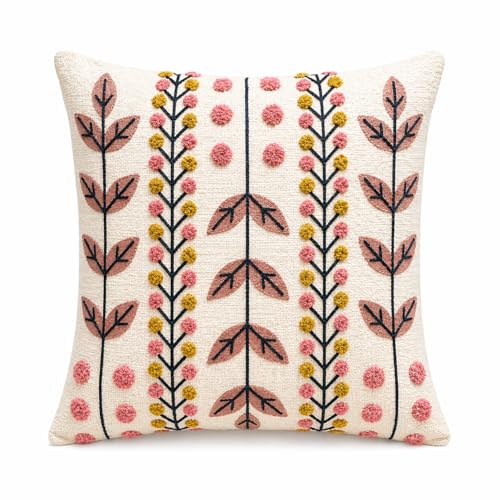 Image of Prista Set of 2 Floral Embroidered Cushion Covers 16x16 Inch | Premium Slub Cotton Decorative Pillow Covers with Tufted Embroidery | Boho Sofa Cushion Covers for Living Room (Blush Floral)