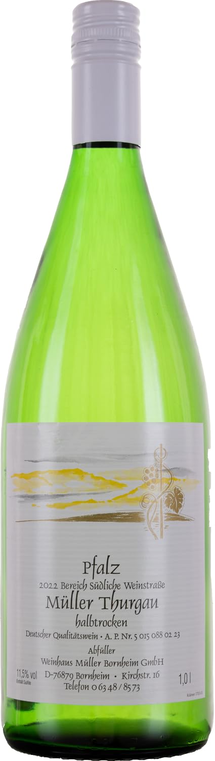 Weinhaus Müller Bornheim Müller-Thurgau Halbtrocken - 12x1L Weißwein Pfalz | Deutscher Qualitätswein direkt vom Winzer - ideal für Weinschorle oder Grillabende - fruchtig mit dezenter Restsüße