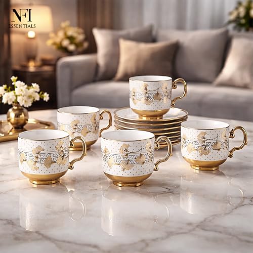 Image of NFI essentials Ceramic Cup & Saucer Set of 6 Pcs, Tea /Coffee Cup, Microwave & Dishwasher Safe, Premium Mug Perfect for Daily Use, Office, Gifting Elegant Golden Color Design 200ML