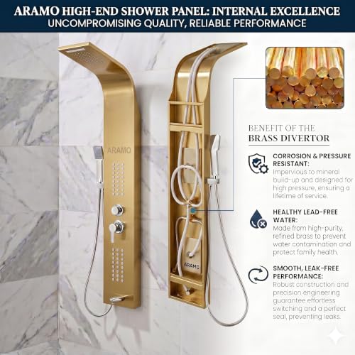 Image of ARAMO Shower Panel - Wave with Waterfall Shower, Massage Jet, 5 Water Functions (Gold)