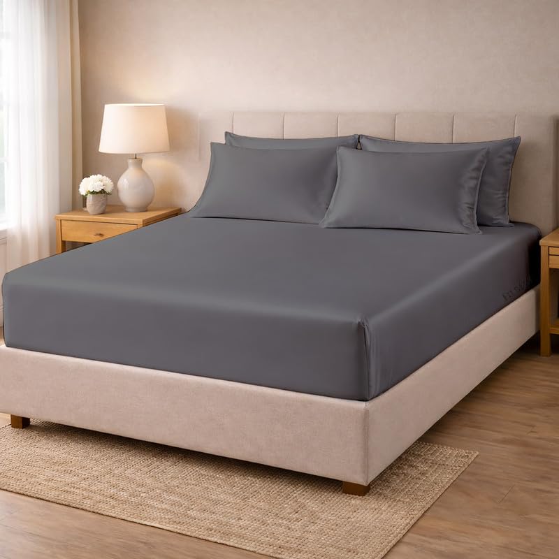 Image of Filbert - Premium Satin Fitted Bedsheet Single Bed (36x75 Inch) with 1 Pillow Cover | Hypoallergenic Breathable | Hair and Skin Friendly, Women Gift Choice|Charcoal