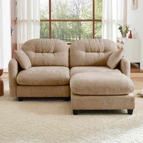 Image of KEIKI 74 inch L-Shaped Oversized Chenille Modular Sectional Loveseat Sofa with 1 Ottoman, High-Density Foam Cushions, Tufted Pleated Cushion Backrest, 2-Seater Couch with 2 Pillow, for Living Room, Camel
