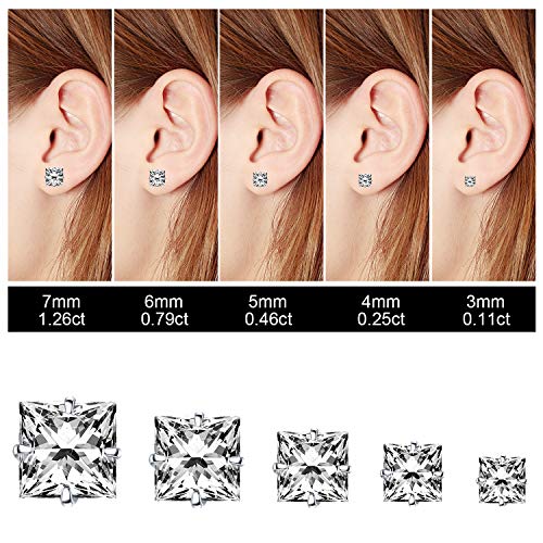 Cubic Zirconia Stud Earrings Princess Cut Square Cz Hypoallergenic 316L Surgical Steel Helix Earrings For Women Men 5 Pairs (C) #TOP4