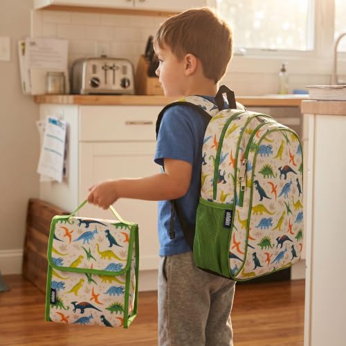 Image of Wildkin Insulated Lunch Bag for Kids, Dinosaur Adventures | 10 x 8.5 x 5 in insulated fold-flat lunch bag with touch closure, sturdy carry handle and wipe-clean lining.