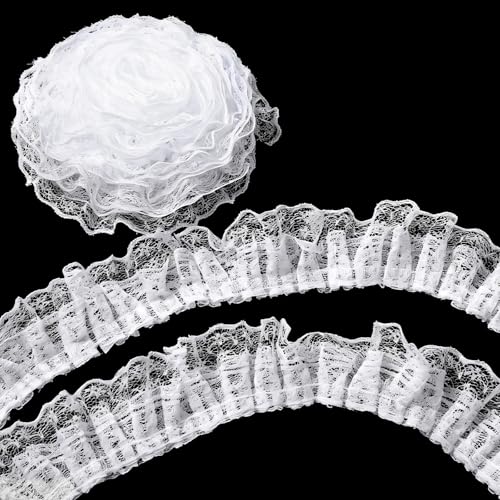 5 Yards Pleated Lace Trim Double-Layer White Lace Trim Ruffle Mesh Laces Ribbon for Sewing Craft Wedding Bridal Dress DIY Decoration