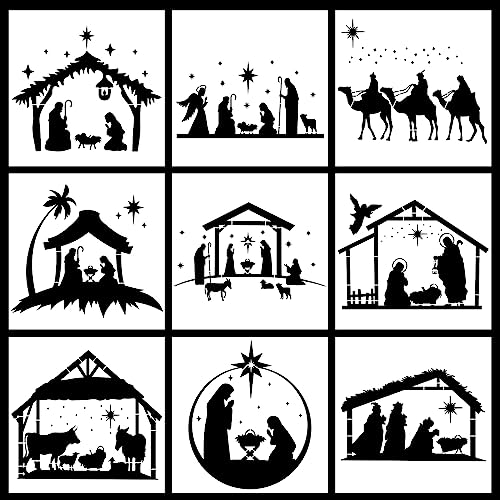 9 Pieces Christmas Nativity Scene Stencils Reusable DIY Painting Stencil for Painting on Wood Canvas Plastic Nativity Scene Paint Stencils for Crafts Fabric Home Décor