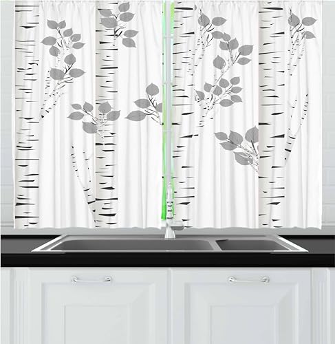 Ambesonne Birch Tree Kitchen Curtains, White Branches with Leaves Autumn Nature Forest Inspired Image Print, Window Drapes 2 Panel Set for Kitchen Cafe Decor, 55