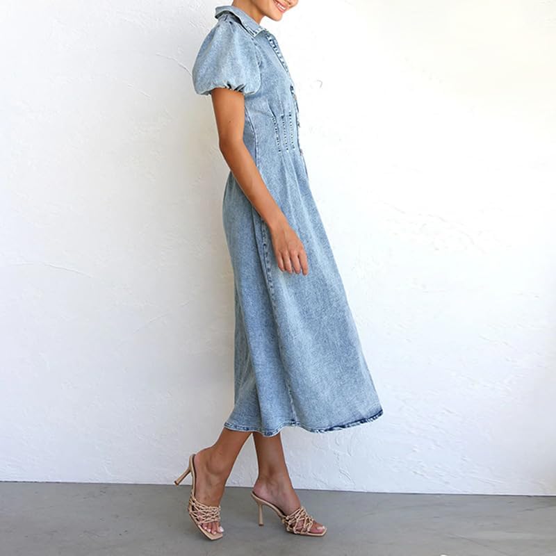 utcoco Women Long Denim Dress Puff Sleeve Button Down Casual Slim Fit Midi Jean Shirt Dress - Image 6