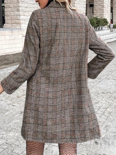 Womens Houndstooth Plaid Double Breasted Blazer Jacket Lapel Collar Business Casual Mid Long Office Blazer4