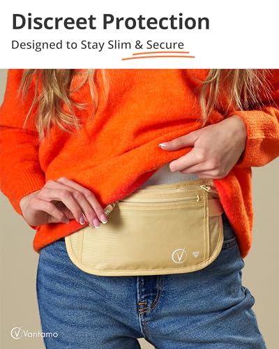 Image of Vantamo Money Belt with RFID For Men & Women, Hidden Passport Holder for Travel, 2 Compartment Travel Fanny Pack for Women Anti Theft